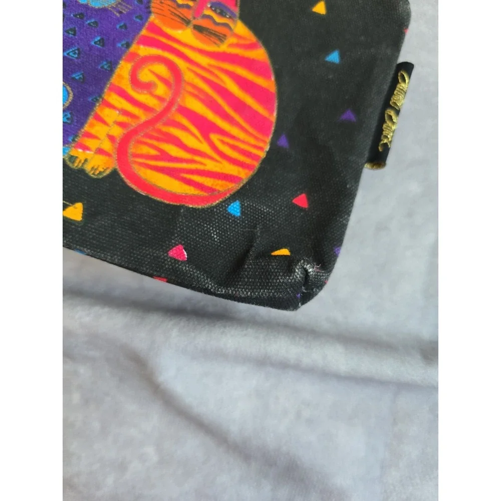 Laurel Burch Colorful Painted Cats On Black Canvas Cosmetic Bag Orange Kitty